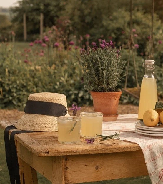 Holiday garden with sun hat and lemonade