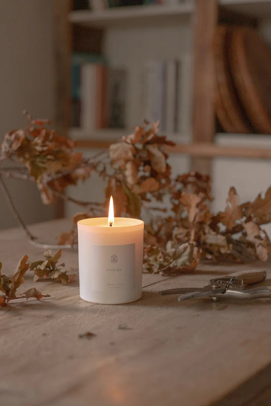 Candle and dried foliage on table in living room